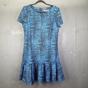 Betsey Johnson Dress Womens 14 Out In The Wild Blue Zebra Flounce Hem A-line NEW